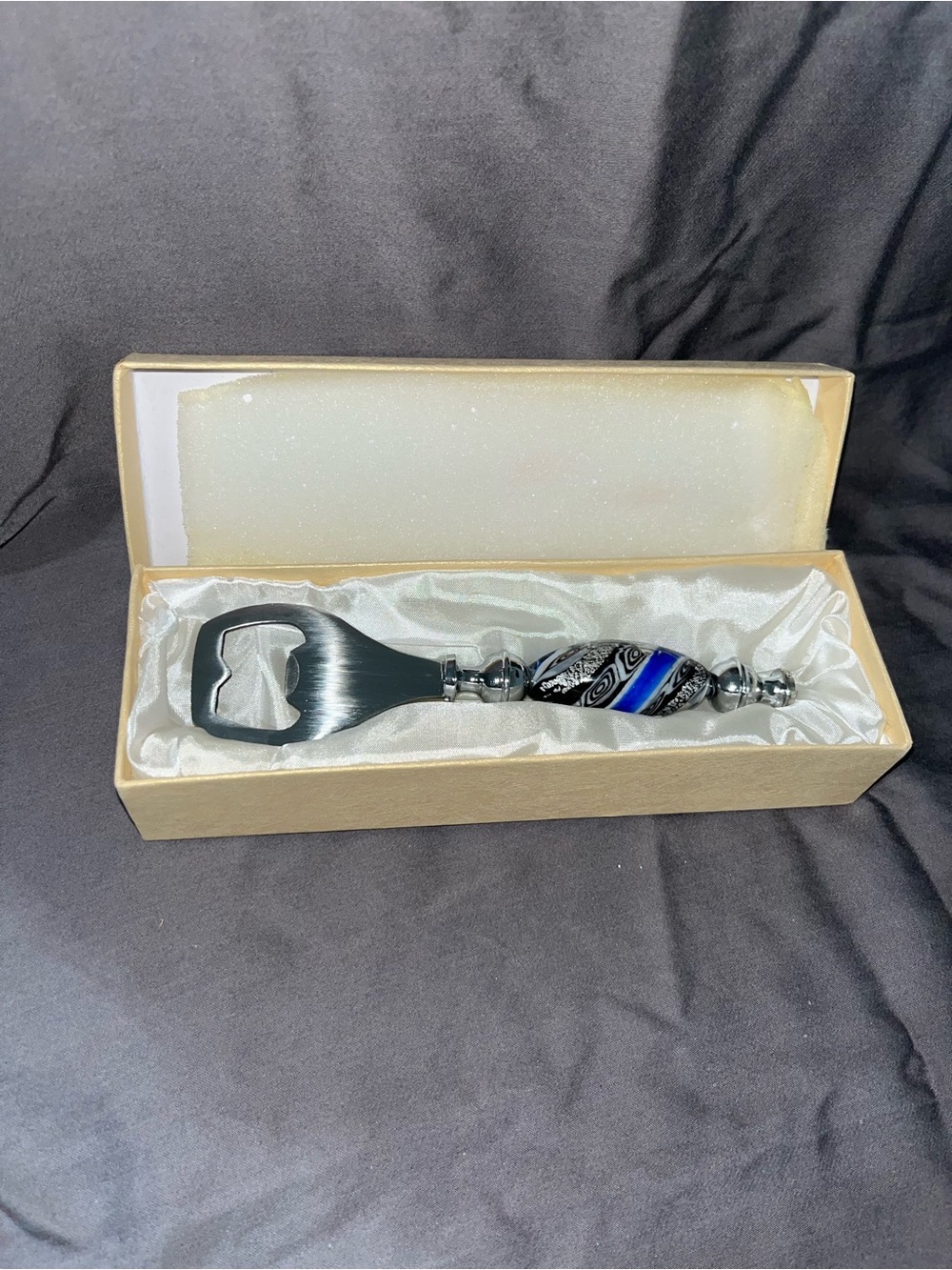 Murano Italy Art Glass Bottle Opener Blue Aventurine Hand Blown w/ Box